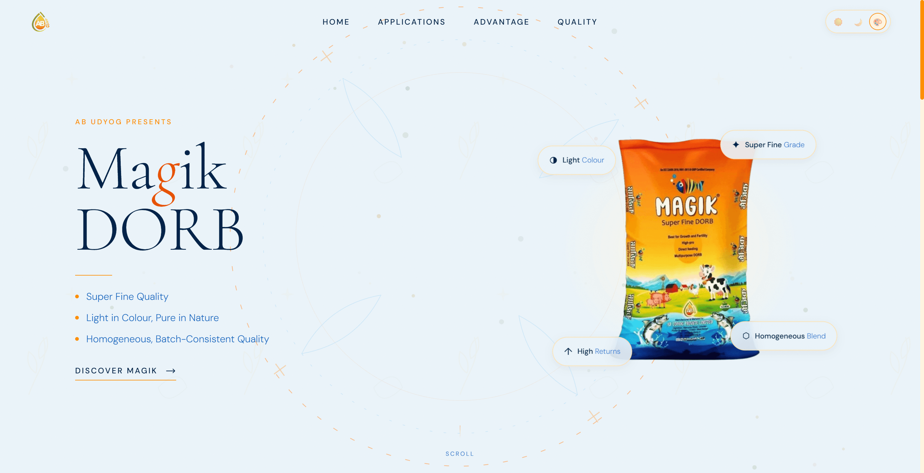 Magik DORB — A high-end, immersive digital presence for AB Udyog's premium De-Oiled Rice Bran agricultural feed product.