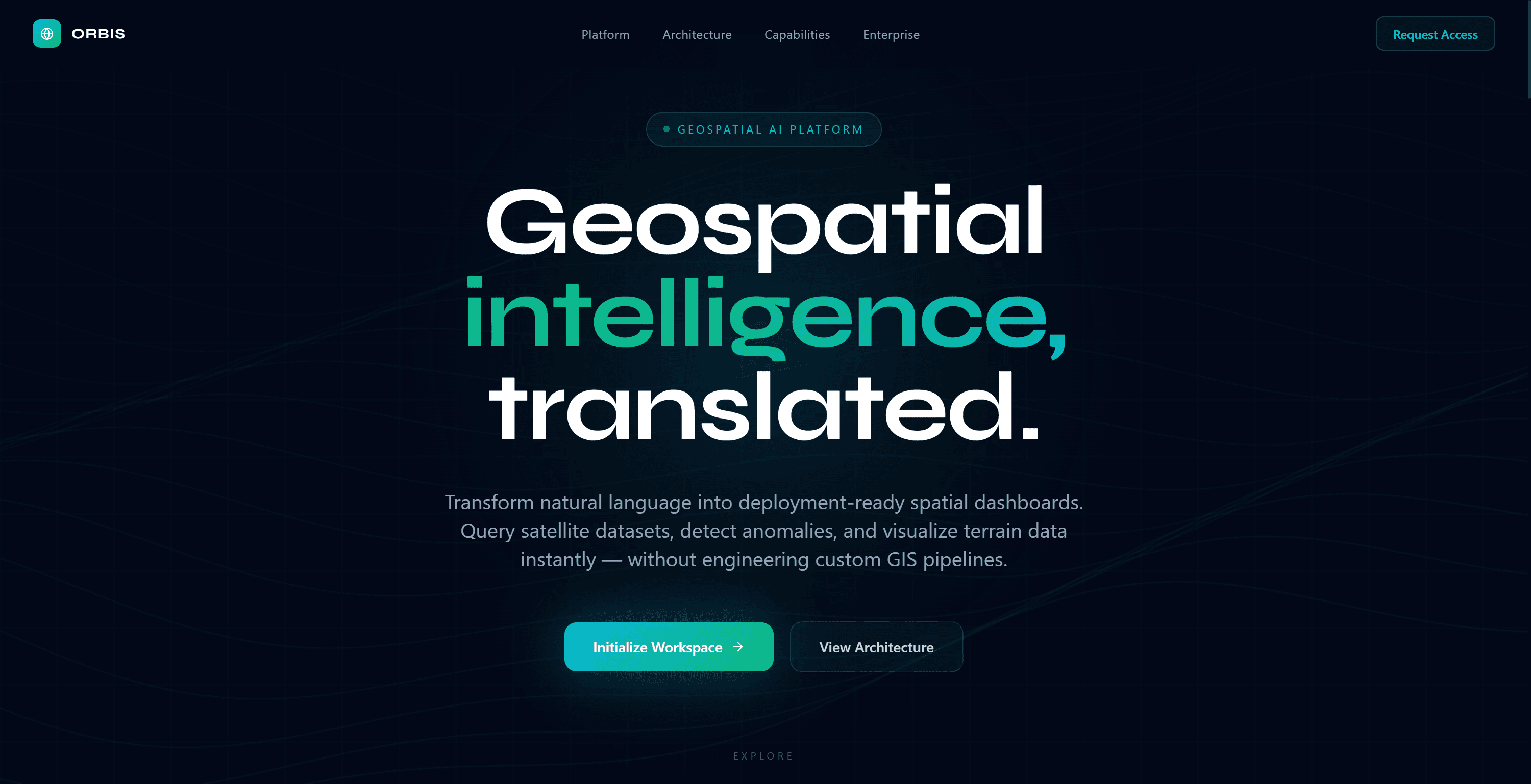 Orbis Intelligence — Geospatial AI platform translating natural language queries into interactive satellite map environments and dashboards.