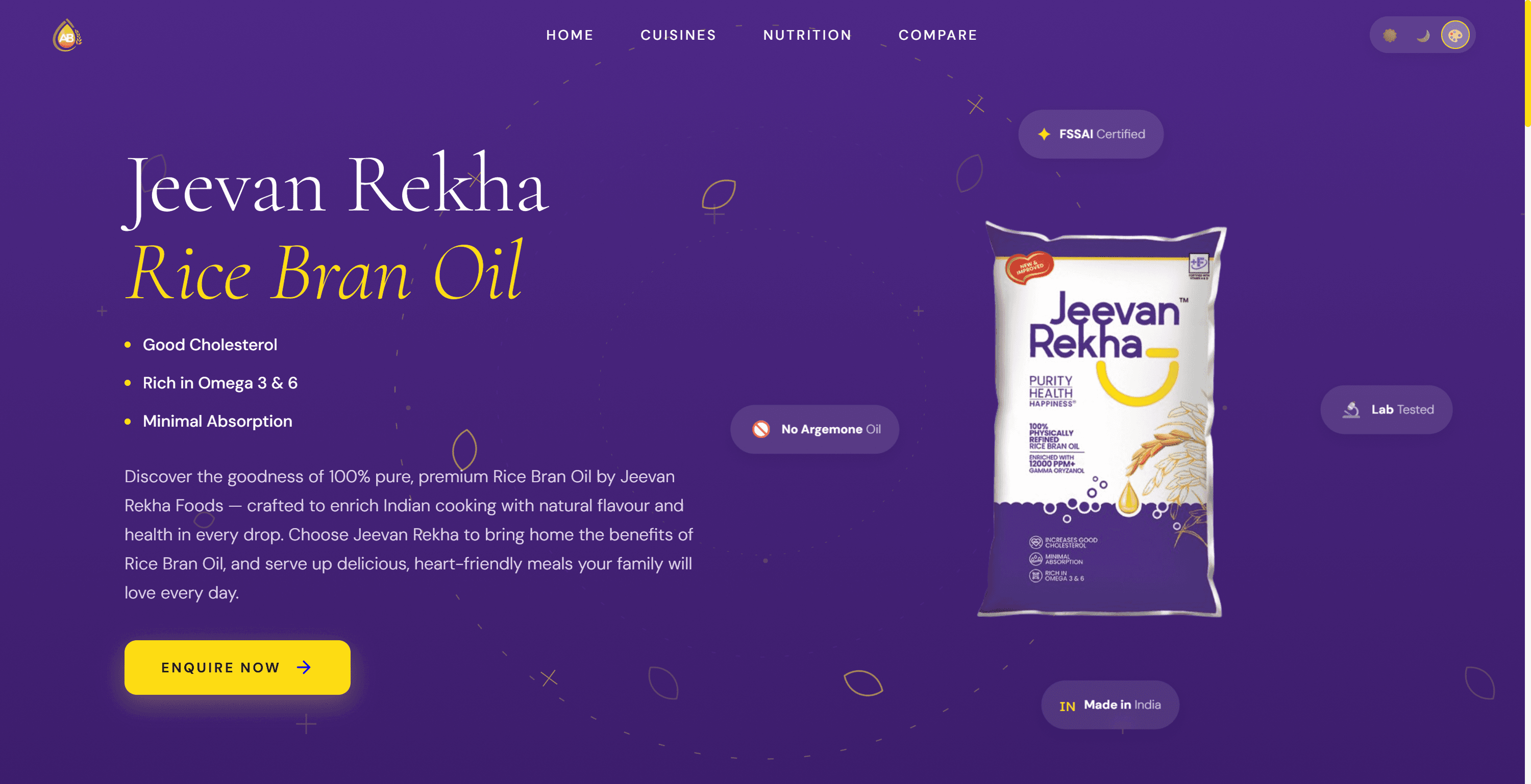 Jeevan Rekha RBO — A premium immersive web experience crafted for health-conscious consumers, showcasing pure Rice Bran Oil.